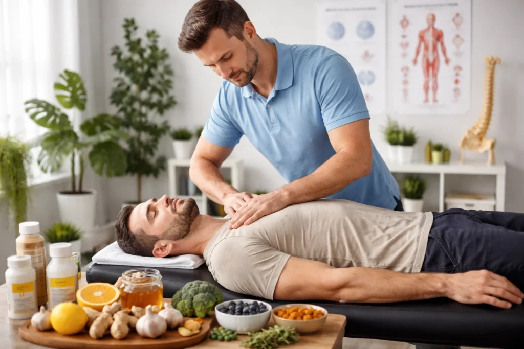 Heading: Building a Strong Foundation for Immune Resilience Create a realistic image for the above heading without text Note: I need one image instead of a collage, Chiropractic Care make it clear only men