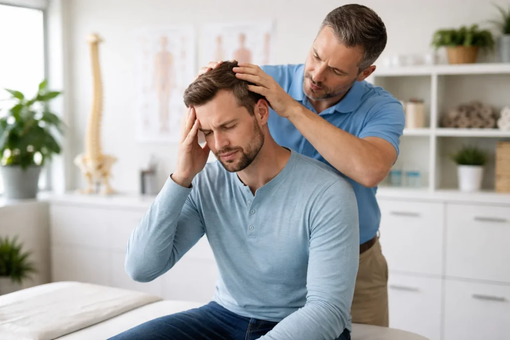 Heading: Post-Traumatic Headaches and Migraines
Create a realistic image without any text or words
Note: the image is single, not a collage
chiropractic care
Only men with full clothes